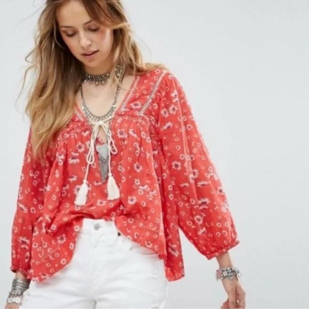 FREE PEOPLE Never A Dull Moment Red Long Sleeve Blouse M